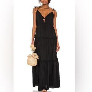 Karina Grimaldi Revolve Solana Cotton Tiered Sleeveless Solid Black Maxi Dress S